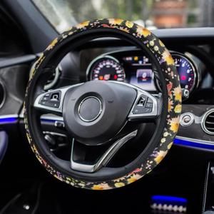 Yellow Wildflowers Car Wheel Cover, Black Steering Wheel Cover, Non-Slip Breathable Steering Wheel for Women, Spring Car Accessories Universal Fit 14.5-15.5 Inch