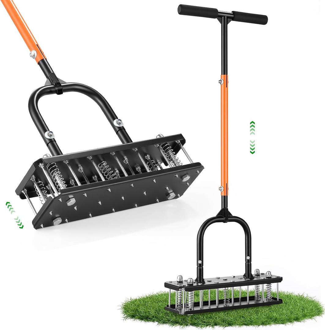 Lawn Aerator, 21 Pre-Assembled Metal Spikes, Automatic Dirt & Leaves Clean, Ergonomic Design, Soil Lawn Aerating Tools for Yard Lawn and Garden, Lawn Aerator Spikes aerating Tool (Medium)