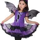 Girls Bat Witch Costume for Kids Halloween Cosplay Fancy Dress up Purple Princess Tutu Dress with Headban and Wings Carnival