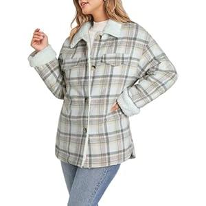 Dokotoo Womens Winter Plaid Jackets for Women Fashion Button Down Long Sleeve Sherpa Shacket Jacket Women Fleece Lapel Collar Coats Outerwear Oversized Flannel Shirts for Women White S