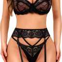 RSLOVE Lingerie Set for Women Sexy - Corset And Panty Outfits 3 Piece Lace Push Up Underwire with Garter Lingerie (Black, S)