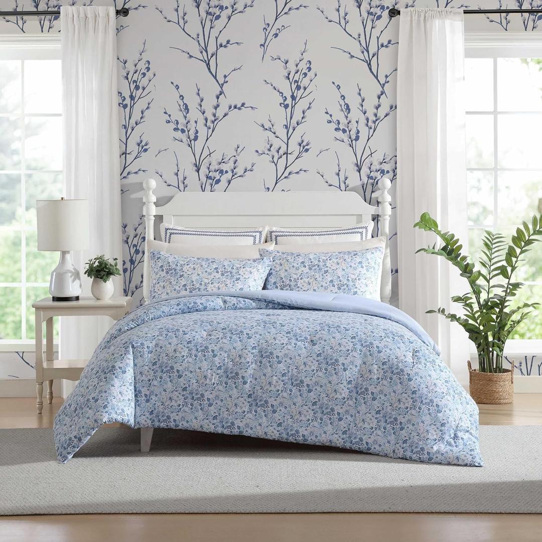 Laura Ashley - Twin Comforter Set, Soft Cotton Bedding with Matching Shams, Floral Home Decor, Oeko-Tex Certified (Quartet Blue, Twin)