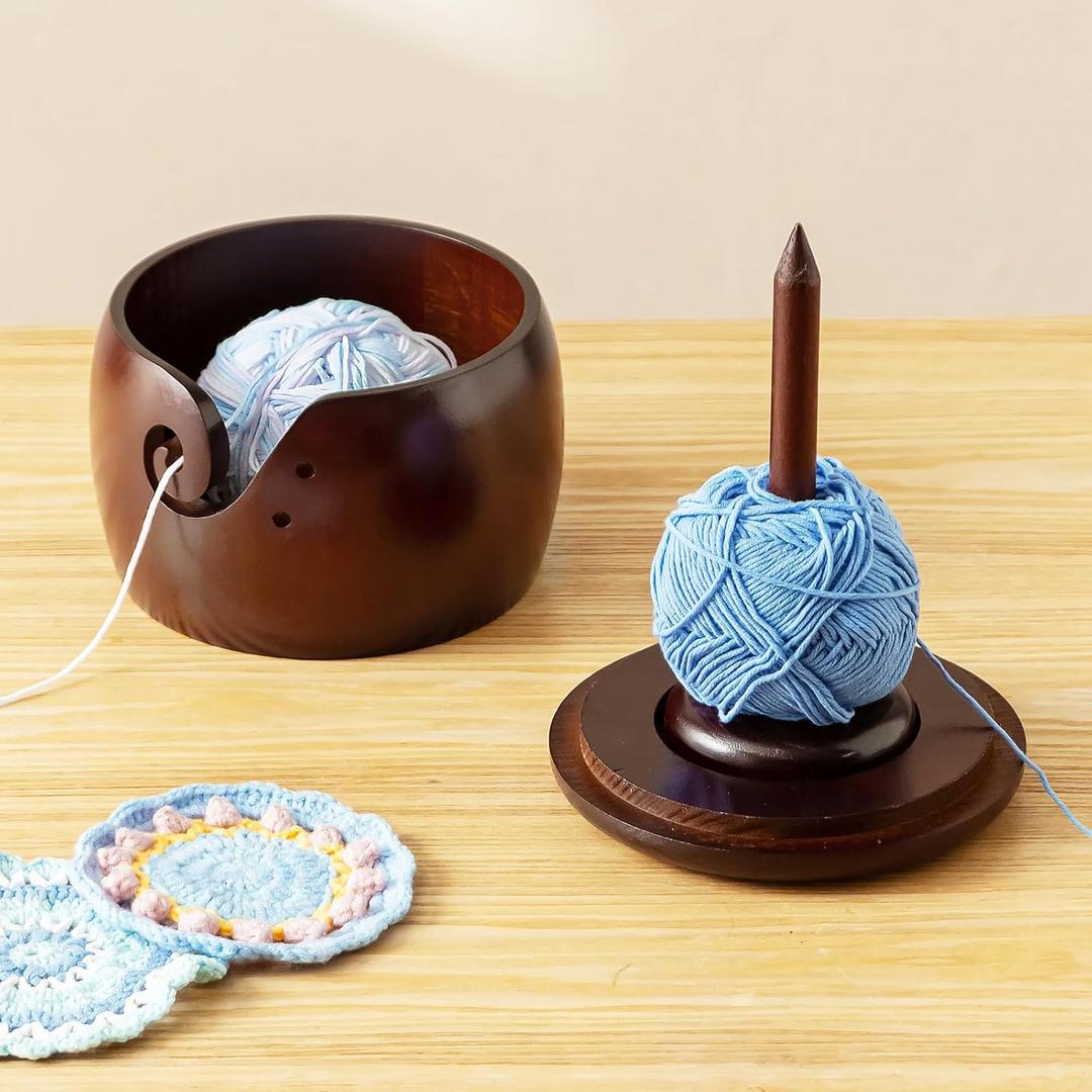 Baffect Wooden Yarn Bowl With Removable Yarn Holder, Large Crochet Bowl With Lid And Handmade Holes, 2 In 1 Knitting Bowls For Wool Spinnering And Storage(6.3" X 6.3" X 4.7in)