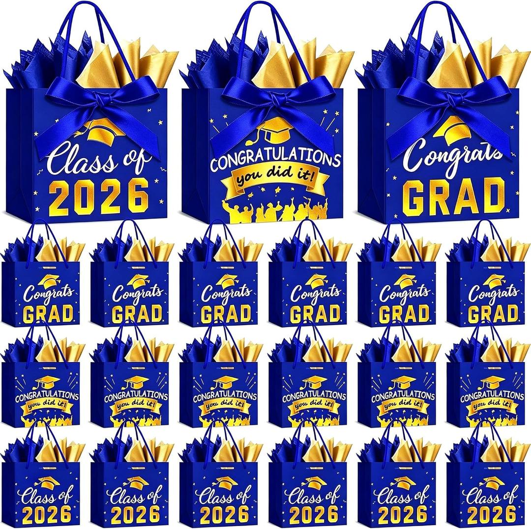 FlorWave 45 Pack Graduation Gift Bags 2026 Small Graduation Congrats Bags Bulk 5.5 x 4.7 x 2.5 Inch with Bow Ribbon and Tissue Papers for College High School Grad Party Supplies(Blue and Gold)