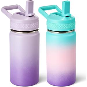 Fijinhom 12 oz Toddler Bottle, 2 Pack Kids Water Bottle for School Boys & Girls with Straws Lids, 304 Stainless Steel Vacuum Insulated Thermos, BPA-Free, Aurora + Gradient Purple