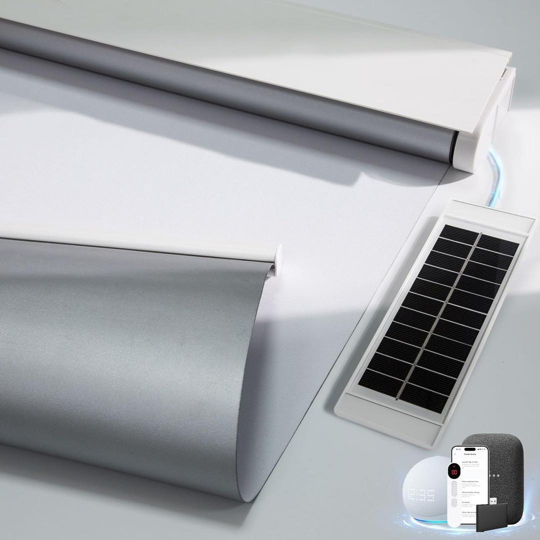 Motorized Blinds with Remote, Smart Blinds with Solar Panel, Thermal Blackout Electric Blinds, Automatic Blinds for Windows Compatible with Alexa, White-23 x72