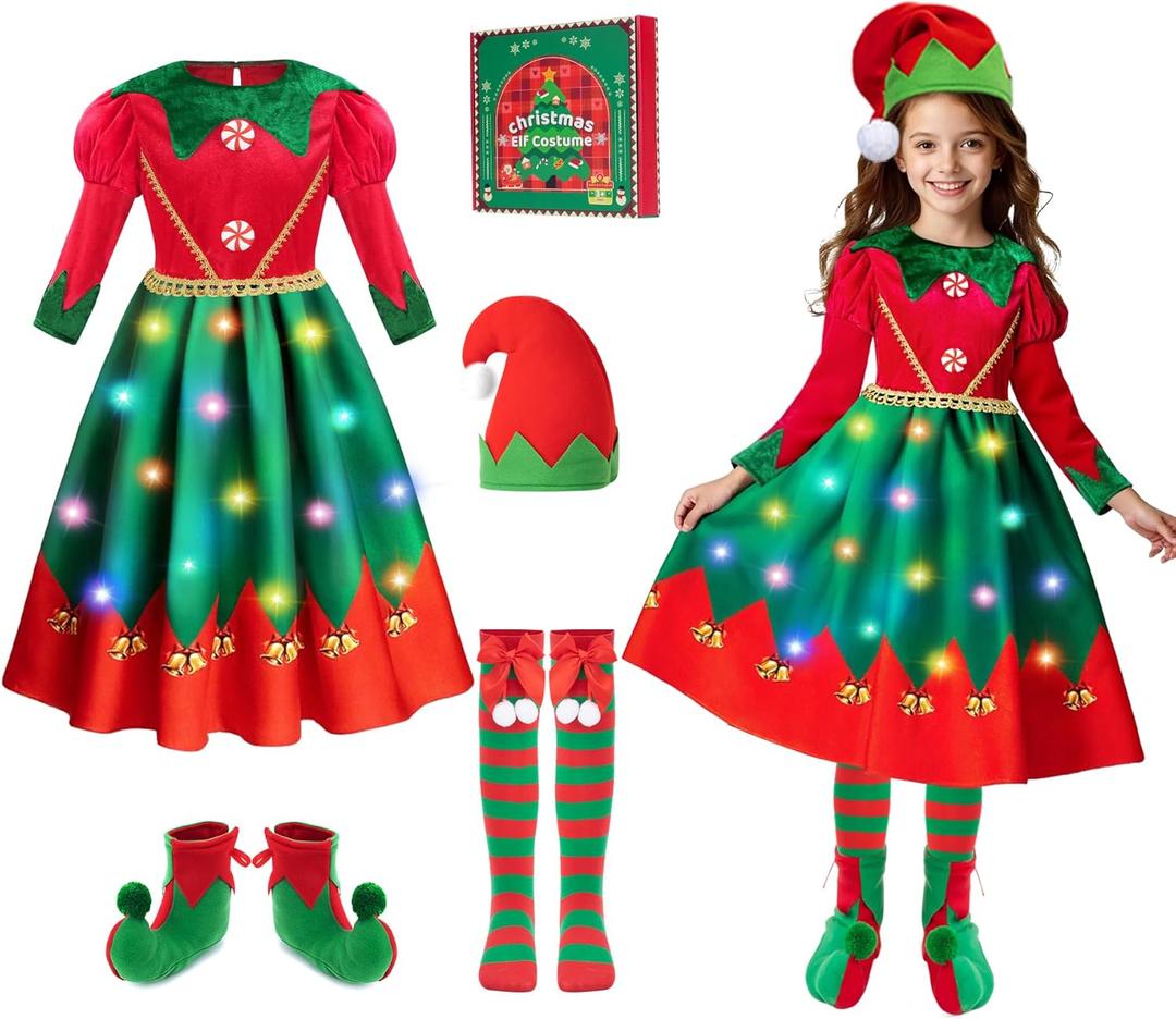 Meland Elf Costume for Kids - Light Up Elf Dress for Girls Holiday Outfit, Christmas Costume for Toddler Girl 3-10 Years Old (7-8 Years)