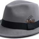 Short Brim Fedora Hats for Men & Women Felt Dress Panama Trilby Hats with Feathers Band, Light Grey, Medium