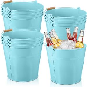 Didaey 12 Pcs Large Galvanized Metal Buckets with Handle 10 Inch Heavy Duty Stainless Steel Pails Round Pail for Party Wedding, Crafts, Utensils, Table Centerpieces (Light Blue) (EXP 12/30/33)