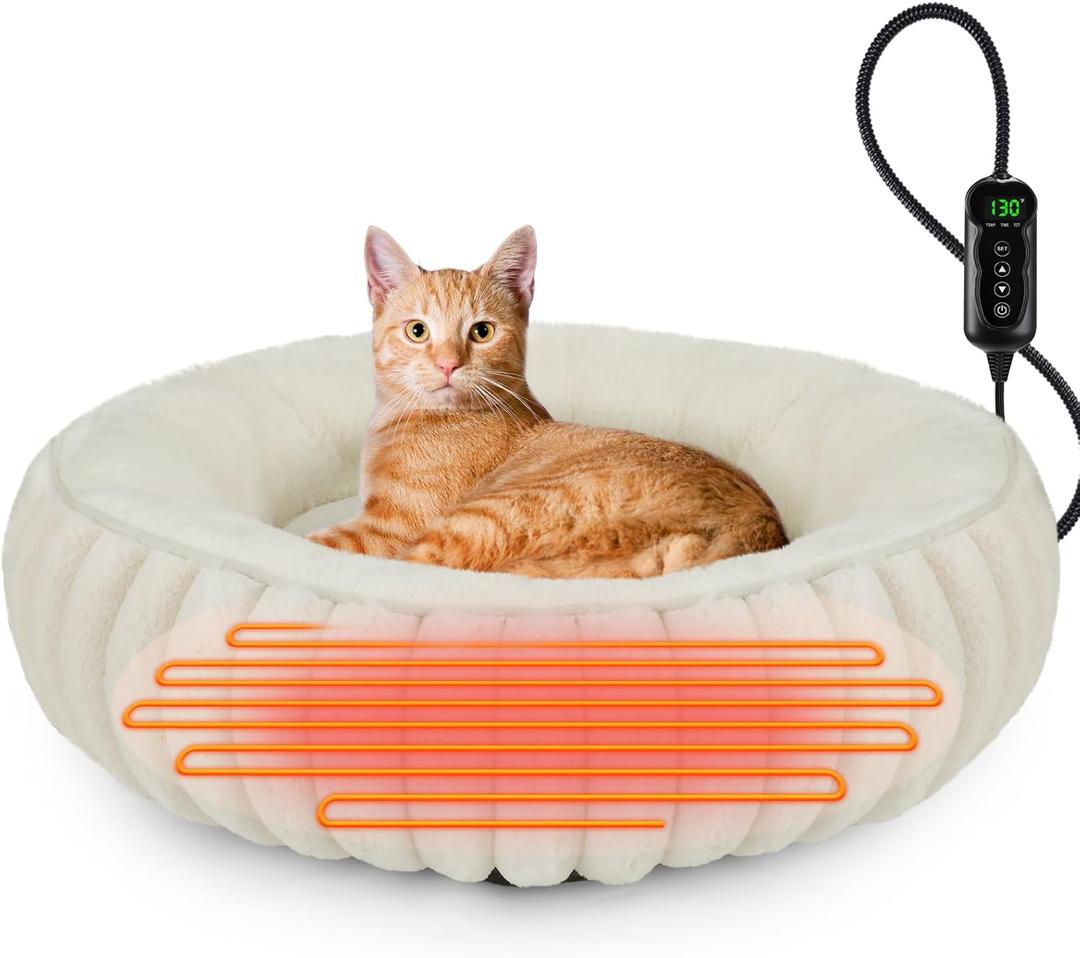INVENHO Heated Cat Beds for Indoor Cats and Small Dogs, 20" Cozy Donut Heated Pet Bed with Timer & Temp Adjustable, Removable Waterproof Electric Warming Bed for Indoor Cat, Cream