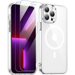 SPIDERCASE for iPhone 13 Pro Case, Magnetic Clear Case with 2PCS Tempered Glass Screen Protector Slim Phone Case for iPhone 13 Pro 6.1'', Clear