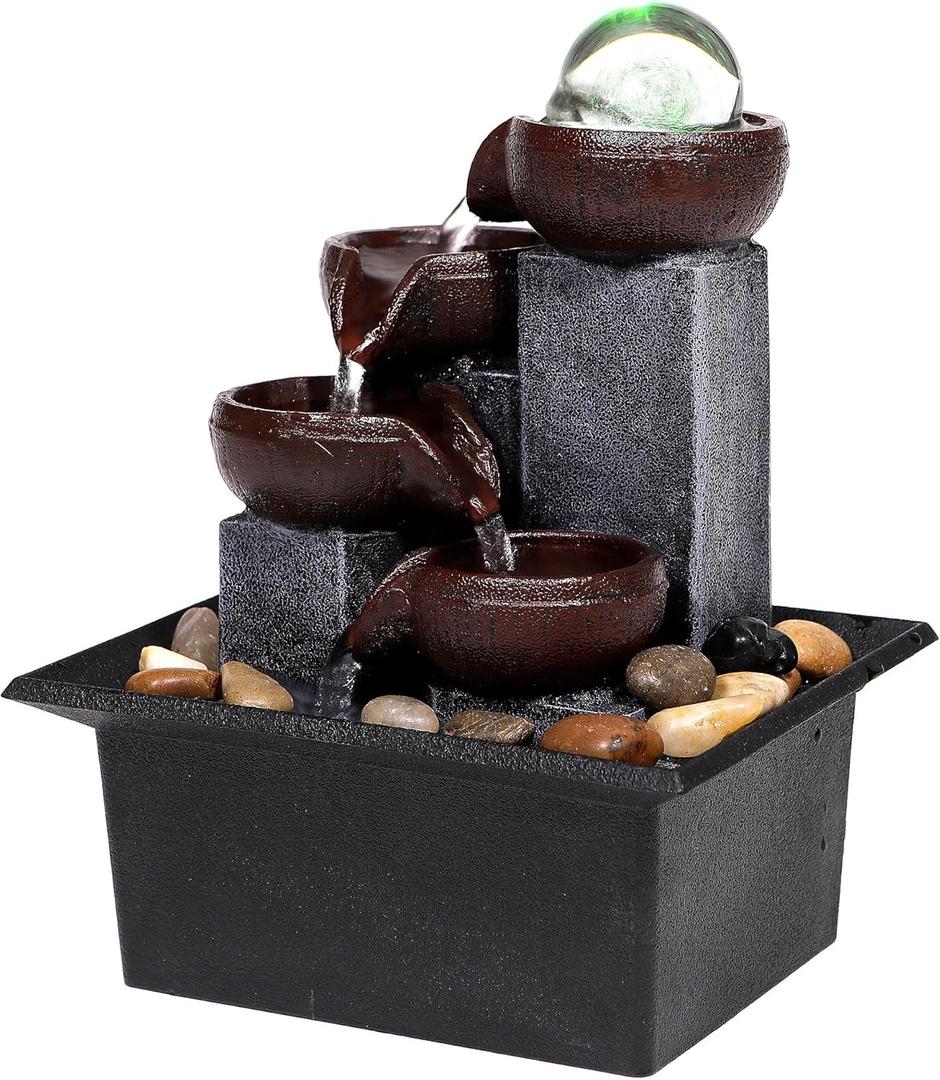 Water Fountains Indoor-Waterfall-Tabletop Fountain-Desk Fountain with Rainbow Colors LED Lighting from Spinning Crystal Ball-Relaxing Waterfall n River Rocks for Natural Feng Shui Effect