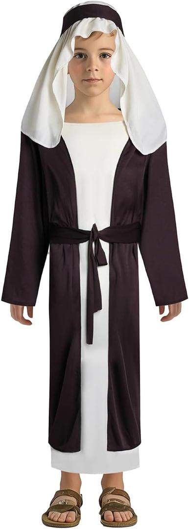 Boys Biblical Saint Joseph Costume Jesus Robe for Kids Shepherd Cosplay Outfit Nativity Middle East Tunic Costume (Large, Coffee)