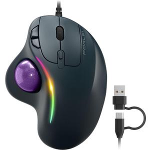 Wired Trackball Mouse with RGB Lighting, Ergonomic Thumb Control to Reduce Muscle Strain, 5 Adjustable DPI, Dual USB-C & USB-A Connectivity, Compatible with PC, Laptop, Mac, Windows-Purple