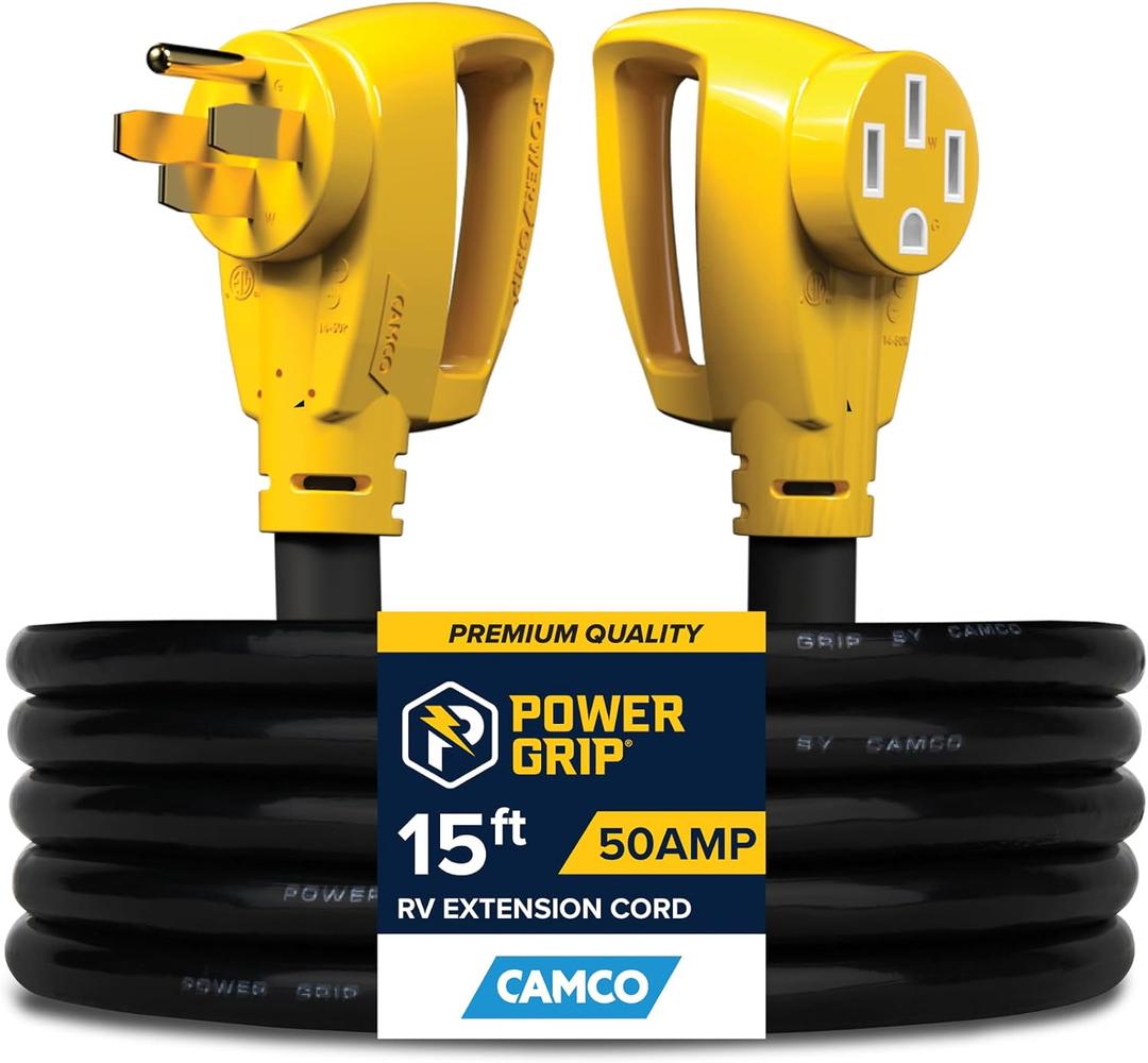Camco Power Grip 15-Ft 50-Amp Camper/RV Extension Cord - Male to Female (NEMA 14-50P to 14-50R) - Rated for 125-250V/12500W - Features Heavy Duty Copper Wire & Weather Resistant PVC (55194)