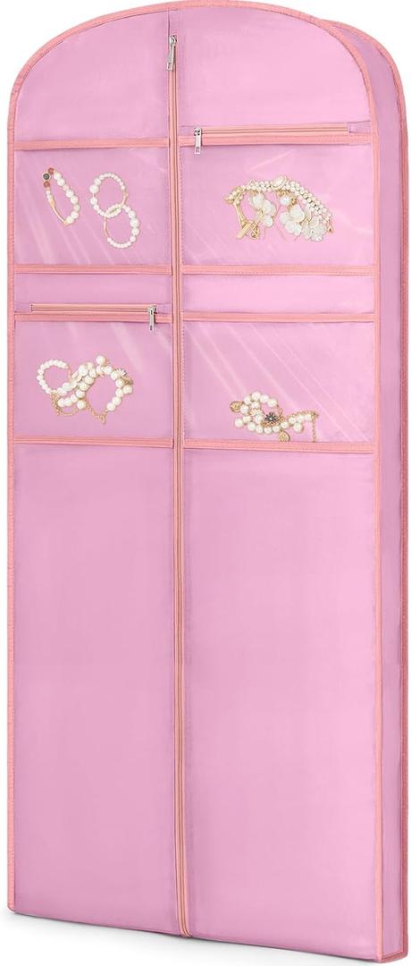 65" Garment Bag for Travel for Hanging Clothes Storage Hanging Suit Cover with Zipper and Accessory Storage for Coats, Dresses, Suits (Pink)