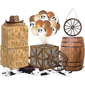 Weekgrat Western Cowboy Party Decor Hay Bales Boxes Cowhide Rug Wine Barrel Wooden Wagon Wheel Cowboy Balloons for Birthday Wild West Party Supplies Farm Decoration