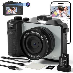 4K Digital Camera For photography, 64MP WiFi Autofoucs Vlogging Camera for Youtube, 4K Video Compact Travel Point Shoot Cameras with Flash, Selfie Lens, 64GB Card, 18X Zoom, 2 Batteries+Charger(Black)