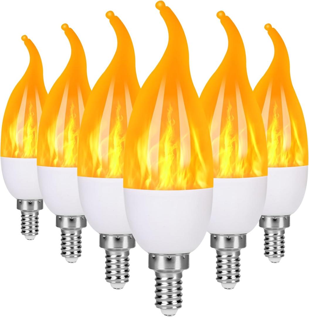 E12 LED Flame Light Bulbs, 3 Modes Flickering Light Bulbs, Candelabra Candle Fire Light Bulb for Home Party Patio Indoor Outdoor Halloween Decorations (6 Pack) (Yellow)