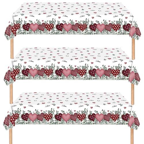 Qpout 3Pcs Valentine's Day Tablecloth Disposable Plastic 108x54 Inch, Romantic Heart Tablecloths with Love Design for Valentine's Day Party Decorations, Valentine Table Cloth for Home Decor