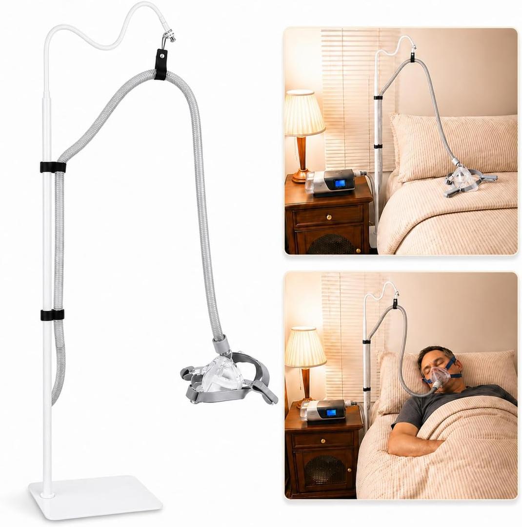 CPAP Hose Holder for Bed, All-Metal Bedside CPAP Hose Stand with Under-Mattress Base, Adjustable Flexible Arm, Curved Mask Hook and Hose Straps, No-Drill CPAP Accessories, White