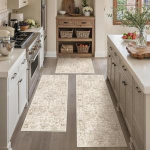 Neutral Kitchen Rug Set of 3 Washable Beige Vintage Kitchen Mats for Floor Non-Slip Kitchen Runner Rug Soft Low Pile for Bathroom Laundry Hallway Sink Entryway, 20"x32"+20"x48"+20"x59"