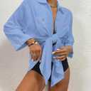 Bsubseach Womens Modern Swimsuit Cover Up Blouse Button Down Shirt Dresses Tops Sky Blue XS