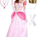 Princess Peach Costume Adult Super Borthers Costume Women With Accessories Pink Medium