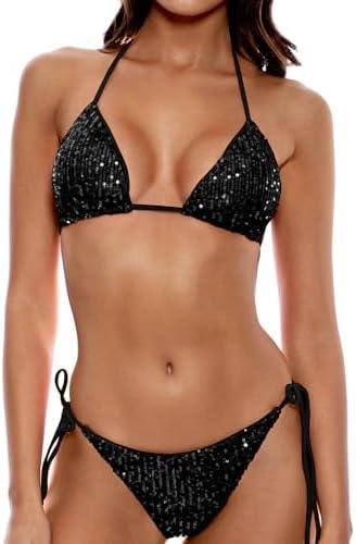 Women's Triangle Sequin Bikini Set Brazilian Halter String Backless Tie Side Thong Two Piece Swimsuit Bathing Suit, M