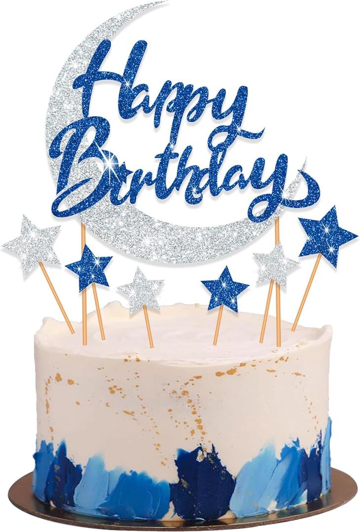 Moon Cake Topper, Moon and Stars Cake Topper for Birthday Cake Decorations, 7PCS Navy Blue and Silver Happy Birthday Cake Toppers for Stars and Moon Party Decorations