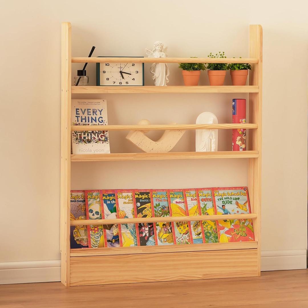 Baveke Kids Bookshelf, 3 Tier Shelves Behind The Door Book Shelf Storage, Children's Solid Wood Bookcase Space- Saving, Wall Mount Bookshelf for Bedroom, Living Room, NurseryFSC-Certified Wood (Walnut, Black, Log)