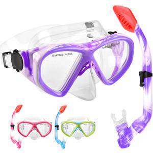 Kids Snorkel Set Dry Top Snorkeling Gear for Kids Youth Boys Girls Junior Age 5-15,Tempered Glass Swimming Diving Mask and Snorkel Set 180 Degree Panoramic View (Purple)