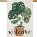 Welcome Summer House Flags for Outside, Seasonal Watercolor Monstera Deliciosa House Flag, Large Spring Yard Decorations for Outdoor Anniversary Wedding 28x40 Inch Double Sided