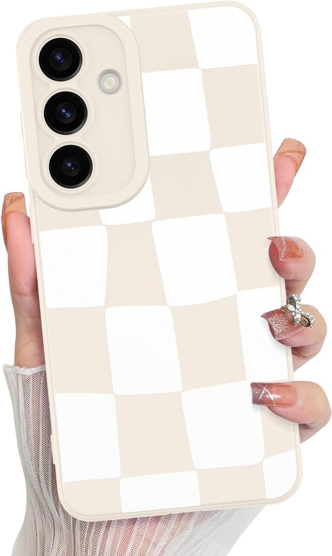 KANGHAR Compatible with Samsung Galaxy S25 Case Checkered -White | Silicone Cute Pattern, Camera Protection Soft Slim Phone Case for Girls Women