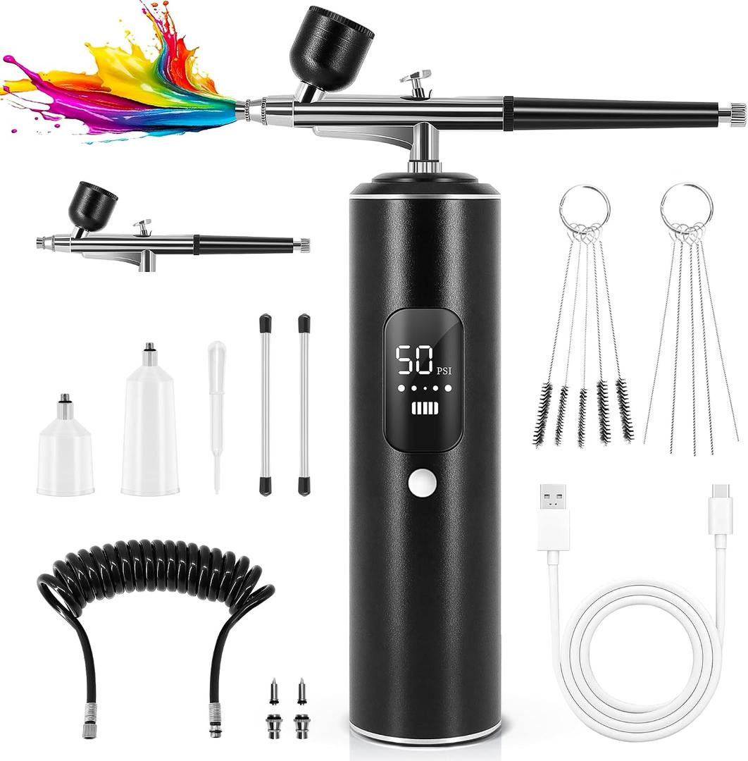 Airbrush Kit with Compressor, 2 Airbrushes, 6400mAh 50PSI High Pressure Airbrush for Nails with 0.2/0.3/0.5mm Nozzle Sets, Airbrush for Nails, Modeling, Cake Decorating, Pastry (Black)