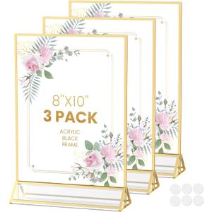 Gold Frames 8X10 Double-Sided Gold Picture Frames Tabletop Acrylic Sign Holder for Wedding Table Number Holder Menu Holder Flyer holder Diaplay Stand with Removable Dot Stickers -3 Pack
