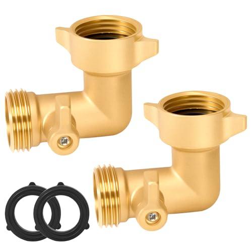 Garden Hose 90 Degree Elbow, with Shut Off Valves 3/4 Inch Solid Brass RV Water Hose Connector Fittings Adapter, Includes Washers for RV Hookups & Outdoor Faucets, 2 Pack