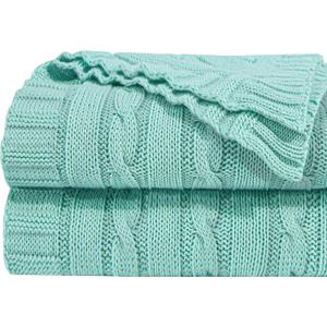 NTBAY 100% Pure Cotton Cable Knit Throw Blanket, Super Soft Warm 51x67 Knitted Throw Blanket for Couch, Sofa, Chair, Bed - Extra Cozy, Machine Washable, Comfortable Home Decor, Mint