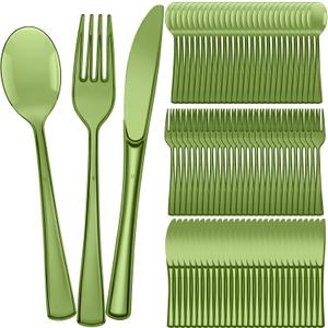 Minatee 150 Pieces Disposable Cutlery Set Plastic Silverware Heavy Duty Utensil Sets 50 Forks 50 Knives 50 Spoons for Home Office School Party Picnics Restaurant Outdoor Events (Olive Green)