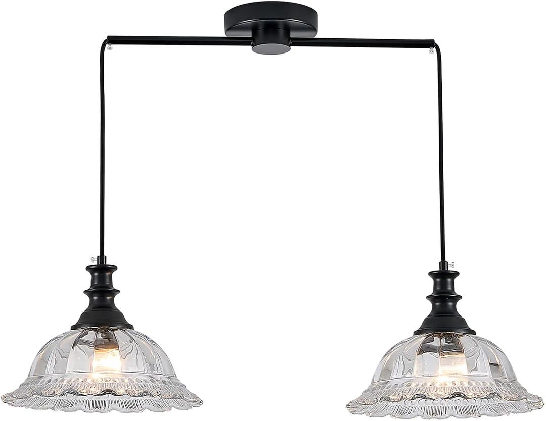 HDDFL 2 Light Pendant Light Fixtures Modern Glass Hanging Lights with Adjustable Cord for Kitchen Island Dining Room Living Room Hallway Black Metal