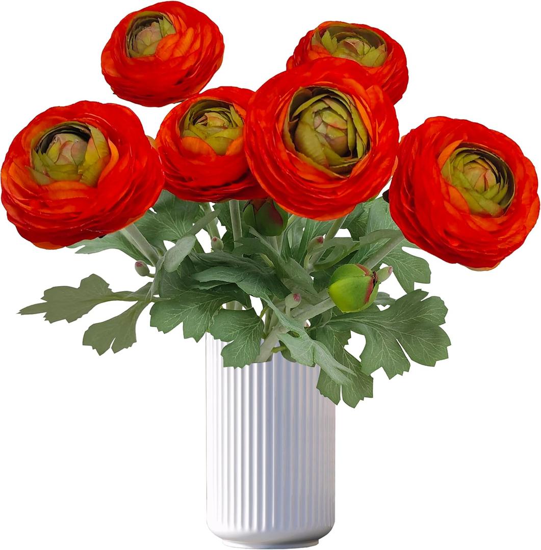 ATFL Orange red Ranunculus Artificial Flowers,6 Pcs Artificial Faux Silk Ranunculus Flowers with Real Touch Stems,Fake Peony Flowers for Floral Arrangements DIY Wedding Bouquet Party Table Home Decor