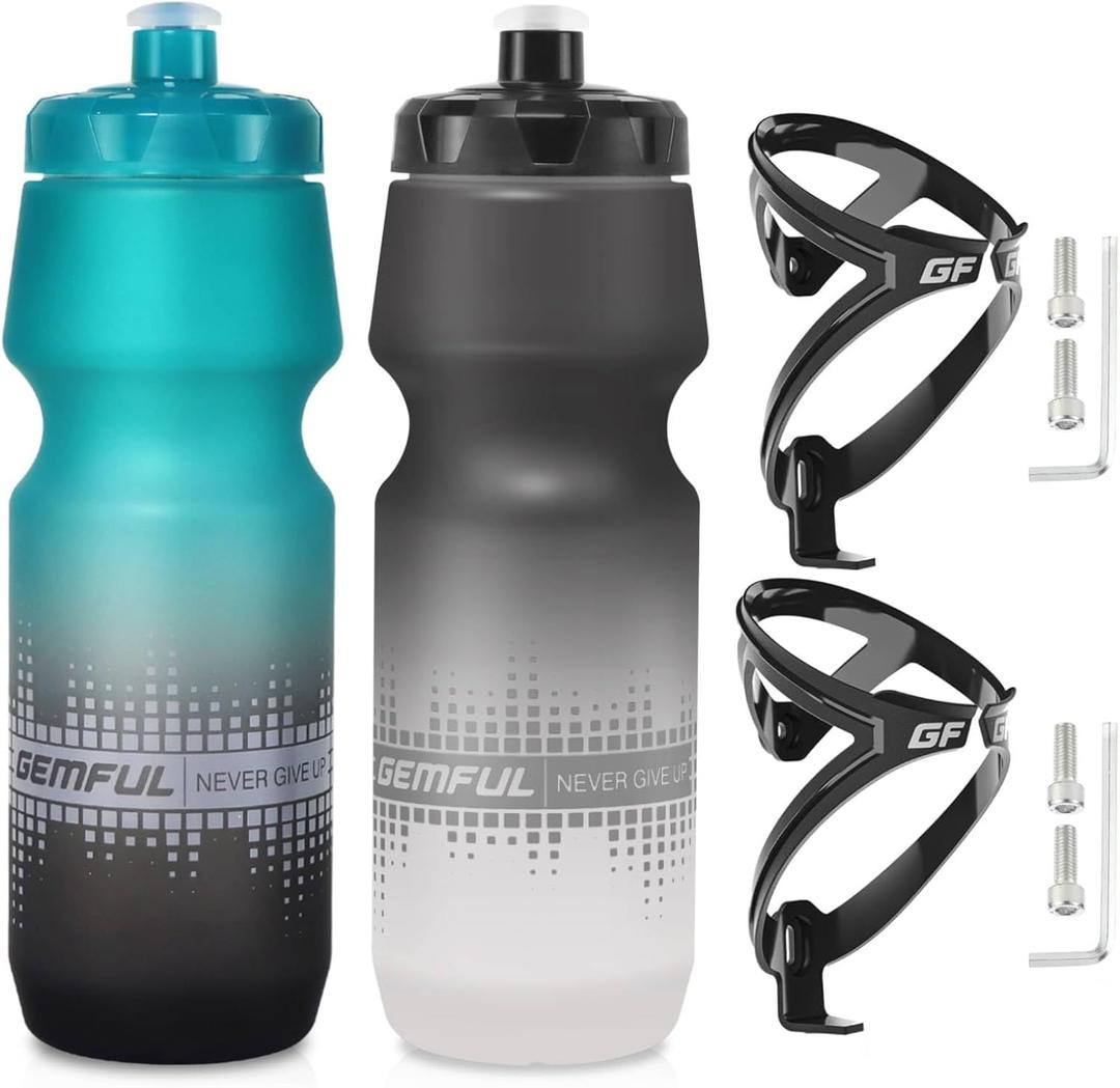 GEMFUL 24oz Bike Water Bottle Holder Combo 2 Pack (Green Black+Black White) | Squeeze Design, Bpa-free, Leakproof, Fits Mtb Mountain Road Bicycle Cycling, Commuting & Gym, Workout, Pull Top Lid