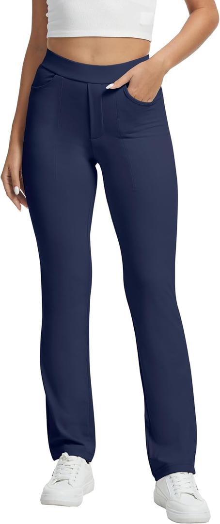 VIMPEP Womens Stretchy Yoga Dress Pants High Rise Straight Leg with Pockets Casual Petite/Regular 1202 (Blue, XS)