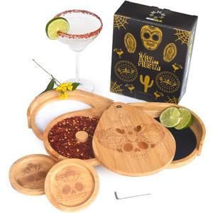 Margarita Salt Rimmer Set  3-Tier Salt Rimmer for Cocktails  Cool Mexican Skull Engraving  Bamboo Wood Bar Salt and Sugar Rimmer  Cocktail Rimmers for Drinks, Party, Home Bar