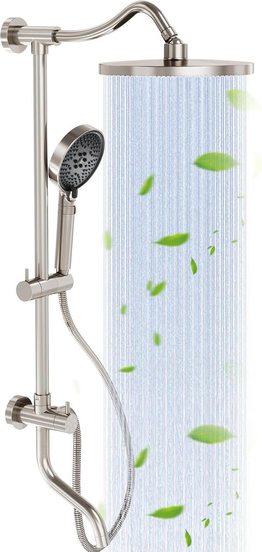 Rainshower Head with Handheld Spray, Retrofit Shower System with Solid Brass Connecter, High Pressure Shower Head with Adjustable Holder& Tub Spout, 60" Stainless Steel Hose, Brushed Nickel