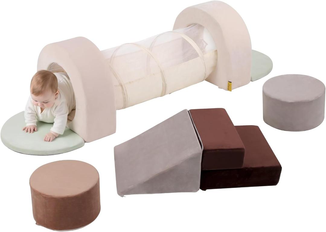 8PC Kids Foam Climbing Blocks with Play Tunnel, Arch Ramp | Crawl Through Tunnel Activity, Foam Climber Set for Babies, Toddler Indoor Soft Play Gym, for Crawling Sliding Gross Motor