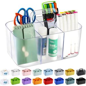 Multiuse Caddy Organizer with Handle - Stackable Plastic Bin - Divided Storage Tote Holder for Art Craft Supplies, Makeup, Bathroom, Shower, Cleaning, Kitchen, Office, Dorm, Desktop - Frosted Clear