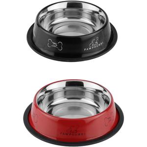 Combo of Anti-Skid Water and Food Feeding Bowls Pack of 2 Stainless Steel Pet Bowl Black & White, 23.66 fl oz Each, Black + Red
