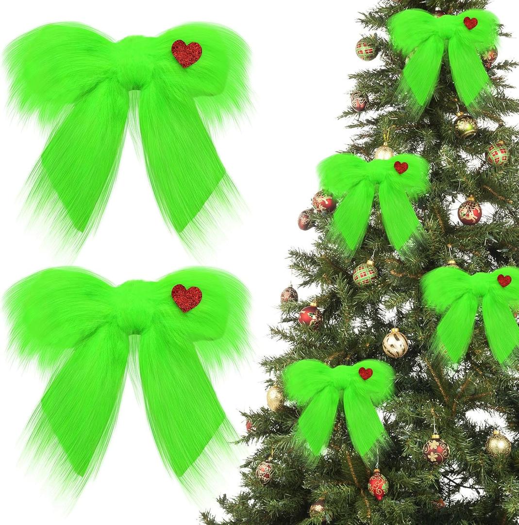 4 Pcs Christmas Large Green Furry Bow with Red Heart Lime Green Christmas Tree Topper Bow Decoration Gift for Xmas Home Decor Outdoor Indoor Car Ornament