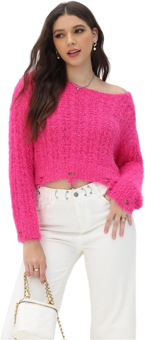 2025 Fall Cropped Sweater for Women Off The Shoulder Pullover Fluffy Knit Fashion Crop Top Holes Design (Pink, XL)